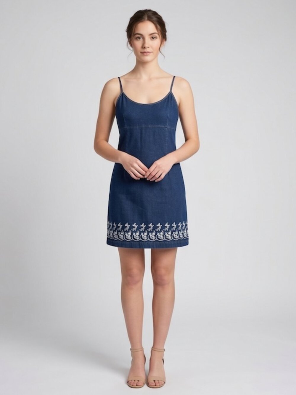 Vintage Floral Embroidered Hem Denim Slip Mini Dress, Size 13